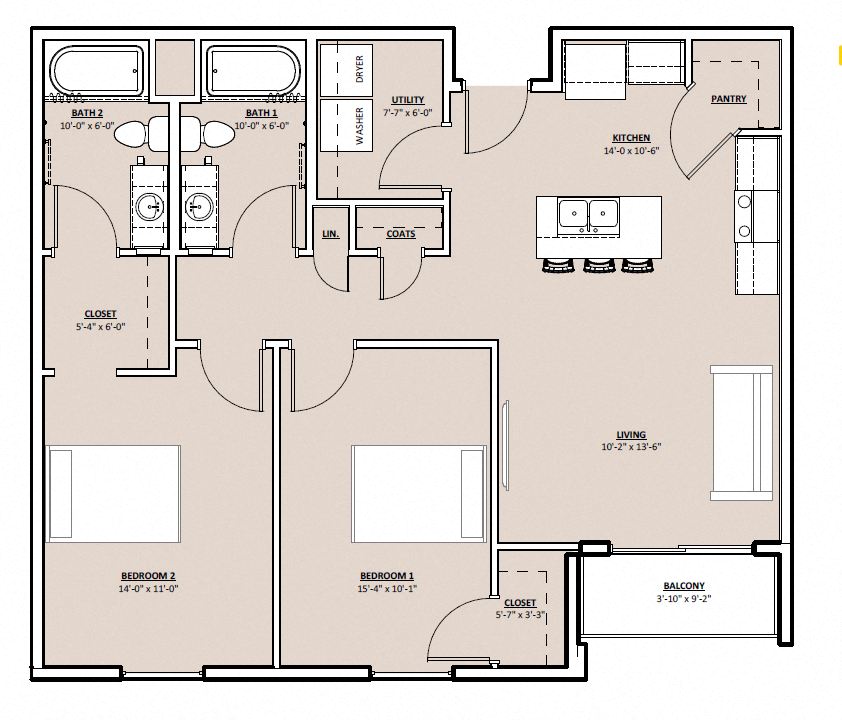 Floor plan for 2 beds, 2 baths, 1054 sqft